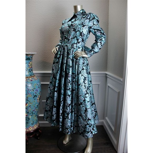 NWT ERDEM Teal Green Metallic Black Gray Floral Flower Gown Midi Dress 44 8 - Picture 3 of 11